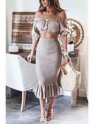 cheap -Women&#039;s Women Sexy Plain Tea Party Dress Two Piece Set Off Shoulder Tube Top Midi Skirt Patchwork Tops