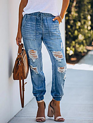 cheap -Women&#039;s Fashion Jeans Distressed Jeans Side Pockets Cut Out Elastic Drawstring Design Ankle-Length Pants Casual Weekend Micro-elastic Plain Denim Comfort Mid Waist Dark Blue Light Blue S M L XL XXL