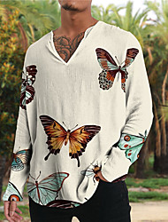 cheap -Men&#039;s Shirt 3D Print Butterfly Animal V Neck Casual Daily 3D Print Long Sleeve Tops Casual Fashion Designer Comfortable Beige