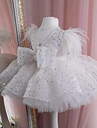 cheap -Kids Little Girls&#039; Dress Solid Colored A Line Dress Party Christening dress Sequins Ruched Bow White Above Knee Sleeveless Princess Cute Dresses Fall Summer Regular Fit 3-12 Years