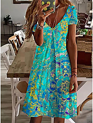 cheap -Women&#039;s Casual Dress Knee Length Dress Blue Short Sleeve Print Color Gradient Print Spring Summer V Neck Party Stylish Casual 2022 S M L XL XXL 3XL / 3D Print