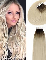 cheap -Rooted Human Hair Tape in Extensions Natural Dip Dyed Balayage Darker Brown to Platinum Blond Seamless PU Skin Weft 14-22 Inch Real Remy Hair Extensions Double Side 50g 20pcs