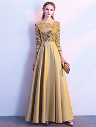 cheap -A-Line Bridesmaid Dress Jewel Neck Long Sleeve Beautiful Back Floor Length Satin / Tulle / Sequined with Sash / Ribbon / Pleats 2022