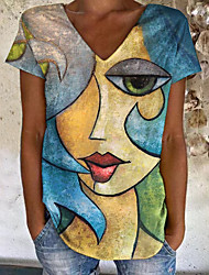 cheap -Women&#039;s Abstract Portrait Painting T shirt Portrait Print V Neck Basic Tops Green Blue Purple / 3D Print