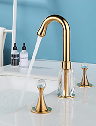 cheap -Gold Two Handle High Arc Widespread Bathroom Sink Faucet 3 Hole with Solid Brass Body Widespread Bathroom Faucet