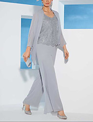 cheap -Pantsuit / Jumpsuit 3 Piece Suit Mother of the Bride Dress Plus Size Elegant Jewel Neck Ankle Length Chiffon Lace Sleeveless with Appliques 2022