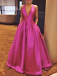 cheap -A-Line Beautiful Back Formal Evening Dress Plunging Neck Sleeveless Floor Length Satin with Bow(s) Pleats 2022