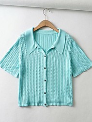 cheap -Women&#039;s Cardigan Knitted Solid Color Stylish Short Sleeves Sweater Cardigans Shirt Collar Spring Summer Blue
