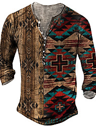 cheap -Men&#039;s Unisex Henley Shirt T shirt 3D Print Tribal Graphic Prints Argyle Henley Street Daily Button-Down Print Long Sleeve Tops Basic Casual Fashion Retro Brown / Spring / Summer / Military