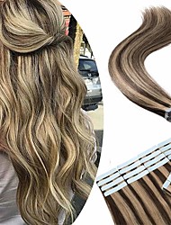 cheap -Tape in Remy Hair Extensions 100% Human Hair 12-24 Inch 100g 40pcs Long Straight Seamless Skin Weft Glue in Human Hairpieces Highlight #4/27 Medium Brown Mix Dark Blonde Balayage Hair