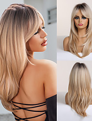 cheap -Blonde Wigs with Bangs  Long Straight Wigs Ombre Black Blonde Ash Wigs with Bangs Heat Resistant Synthetic Wigs for African American Women
