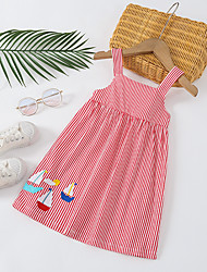 cheap -Kids Toddler Little Girls&#039; Dress Cartoon Striped Strap Dress School Daily Embroidered Pleated Red Knee-length Sleeveless Cute Sweet Dresses Christmas Summer Regular Fit 1 PC 2-8 Years