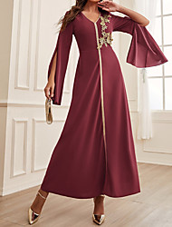 cheap -Women&#039;s A Line Dress Maxi long Dress Wine Long Sleeve Solid Color Chiffon Spring Summer V Neck Elegant &amp; Luxurious Elegant Mesh S M L XL
