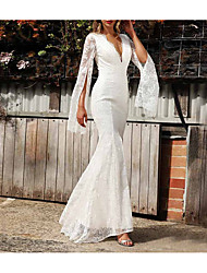 cheap -Mermaid / Trumpet Wedding Dresses V Neck Floor Length Lace Long Sleeve Sexy with Split Front Solid Color 2022