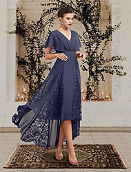 cheap -A-Line Mother of the Bride Dress Plus Size Elegant V Neck Asymmetrical Chiffon Lace Short Sleeve with Pleats Appliques 2022