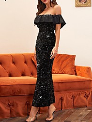 cheap -Ball Gown Sheath / Column Sparkle &amp; Shine High Split Prom Formal Evening Dress Off Shoulder Short Sleeve Ankle Length Polyester with Sequin Slit 2022