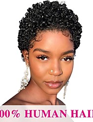 cheap -Human Hair Wig Full Machine Made For Black Women Afro Curly Pixie Cut Brazilian Hair None Lace Tight Curl Bob Capless Wig 130% Density Natural Black #1B