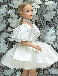 cheap -Kids Little Girls&#039; Dress Solid Colored A Line Dress Party Christening dress Ruched Mesh White Above Knee Short Sleeve Cute Sweet Dresses Spring Summer Regular Fit 3-12 Years