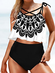 cheap -Women&#039;s Swimwear Tankini 2 Piece Normal Swimsuit Open Back High Waisted string Print Color Block Geometic Black Scoop Neck Bathing Suits New Casual Vacation / Modern / Strap / Padded Bras / Strap