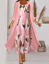 cheap -Women&#039;s A Line Dress Midi Dress Green Gray Pink 3/4 Length Sleeve Floral Ruched Print Fall Spring Crew Neck Elegant Casual Classic 2022 S M L XL XXL 3XL