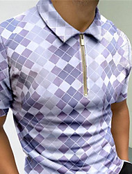 cheap -Men&#039;s Golf Shirt Argyle Turndown Casual Daily Zipper Short Sleeve Tops Casual Fashion Comfortable Sports Light Purple