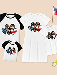 cheap -Family Look American National Day Dresses T shirt Tops Heart Leopard Star Causal Patchwork White Short Sleeve Knee-length Daily Matching Outfits