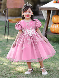 cheap -Toddler Little Girls&#039; Dress Plain Tulle Dress Party Daily Beaded Puff Sleeve Blue Pink Wine Knee-length Short Sleeve Princess Cute Dresses Children&#039;s Day Spring Summer Slim 1-5 Years