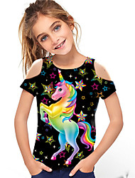 cheap -Kids Girls&#039; T shirt Short Sleeve 3D Print Unicorn Star Animal Hollow Out Black Children Tops Spring Summer Active Fashion Streetwear Daily Outdoor Regular Fit 3-12 Years