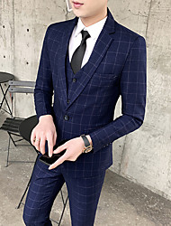 cheap -Royal Blue Dark Navy Men&#039;s Wedding Suits 3 pcs Checkered Tailored Fit Single Breasted One-button 2022