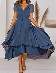 cheap -Women&#039;s A Line Dress Midi Dress Blue Navy Blue Short Sleeve Pure Color Ruched Chiffon Spring Summer V Neck Casual 2022 S M L XL XXL 3XL
