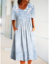 cheap -Women&#039;s A Line Dress Midi Dress Light Blue Short Sleeve Floral Ruched Print Spring Summer Crew Neck Casual Sexy 2022 S M L XL XXL 3XL