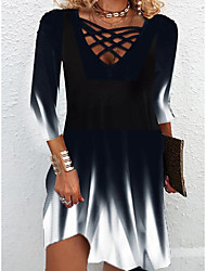 cheap -Women&#039;s A Line Dress Knee Length Dress Black 3/4 Length Sleeve Color Block Ruched Spring Summer V Neck Casual 2022 S M L XL XXL 3XL