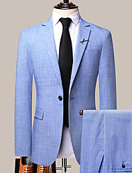 cheap -Light Blue Gray Dark Blue Men&#039;s Wedding Suits 2 pcs Checkered Tailored Fit Single Breasted One-button 2022
