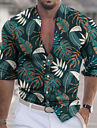 cheap -Men&#039;s Shirt Print Leaves Turndown Street Casual Button-Down Long Sleeve Tops Casual Fashion Breathable Comfortable Green