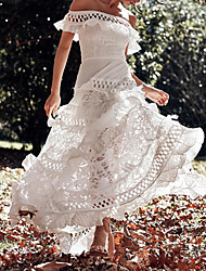 cheap -Sheath / Column Wedding Dresses Off Shoulder Floor Length Lace Short Sleeve Vintage Sexy with Ruffles 2022