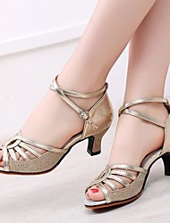 cheap -Women&#039;s Latin Shoes Dance Shoes Stage Practice Outdoor Heel Glitter Flared Heel Silver Gold Buckle Cross Strap Sparkling Shoes