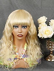 cheap -613 Blonde Human Hair Wig with Neat Bang Water Wave Full Machine Made Human Hair Capless Wig None Lace Wig 180% Density Brazilian Hair Gluelss Wig10-32 inch