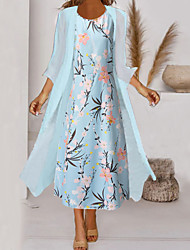 cheap -Women&#039;s A Line Dress Midi Dress Light Green Light Blue 3/4 Length Sleeve Floral Print Fall Spring Round Neck Elegant Casual 2022 S M L XL XXL 3XL