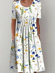 cheap -Women&#039;s A Line Dress Knee Length Dress White Short Sleeve Floral Pocket Print Spring Summer Round Neck Elegant Casual Vacation 2022 S M L XL XXL 3XL