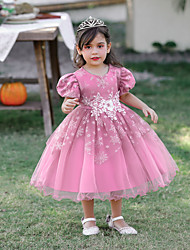 cheap -Kids Little Girls&#039; Dress Snowflake A Line Dress Birthday Party Festival Beaded Embroidered Mesh Blue Pink Red Knee-length Short Sleeve Princess Cute Dresses Children&#039;s Day Spring Summer Slim 2-6 Years