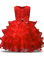cheap -Princess Medium Length Flower Girl Dresses Wedding Lace Sleeveless Jewel Neck with Bows 2022 / First Communion