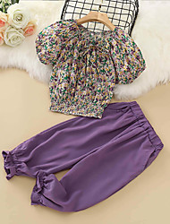 cheap -Kids Girls&#039; T-shirt &amp; Pants Pants Set Clothing Set 2 Pieces Short Sleeve Purple Floral Loose Cotton Street School Casual Fashion Short 3-12 Years