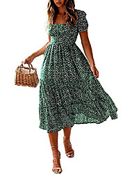 cheap -Women&#039;s Swing Dress Midi Dress Green Black Red Short Sleeve Polka Dot Print Polka Dots Ruched Pleated Spring Summer Square Neck Casual Holiday 2022 S M L XL