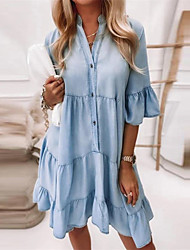 cheap -Women&#039;s A Line Dress Knee Length Dress Light Blue Half Sleeve Pure Color Button Spring Summer V Neck Casual 2022 S M L XL XXL 3XL