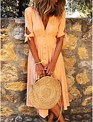 cheap -Women&#039;s Swing Dress Midi Dress Green Blue Lavender Orange Yellow Half Sleeve Solid Color With Belt Fall Spring V Neck Casual Modern 2022 S M L XL 2XL 3XL