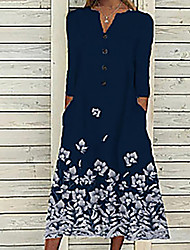 cheap -Women&#039;s A Line Dress Midi Dress Royal Blue 3/4 Length Sleeve Floral Button Print Fall Winter V Neck Casual Vintage 2022 S M L XL XXL 3XL