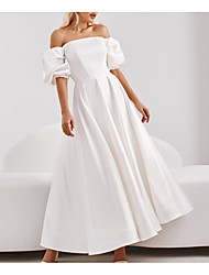 cheap -A-Line Wedding Dresses Off Shoulder Ankle Length Satin Short Sleeve Simple Sexy with Solid Color 2022