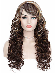 cheap -Long Curly Wigs with Side Bangs for White Women Big Bouncy Fluffy Kinky Wavy Wig Heat Resistant Soft Japanese Fiber Synthetic Wig for Daily Use 26 inches (Hightlight Brown)