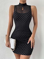 cheap -Women&#039;s Bodycon Short Mini Dress Black Sleeveless Polka Dot Mesh Spring Summer Stand Collar Elegant Formal Modern 2022 XS S M L