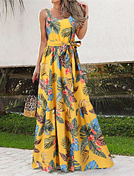 cheap -Women&#039;s A Line Dress Maxi long Dress Green Black Yellow Sleeveless Floral Lace up Print Spring Summer Square Neck Stylish Elegant 2022 S M L XL XXL 3XL 4XL 5XL
